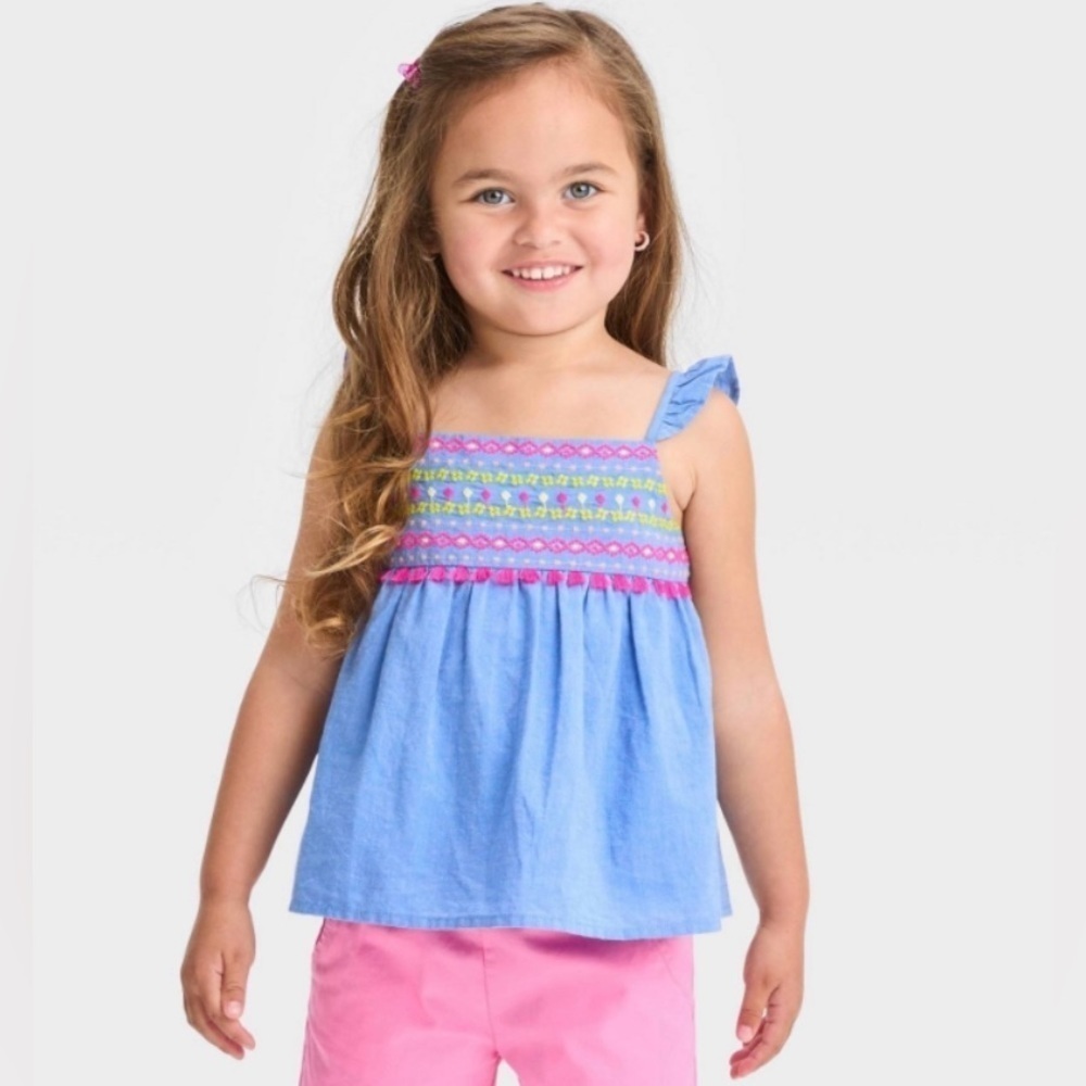 Cat & Jack Embroidered Chambray Ruffle Tank Top, 5T, NWT - Picture 1 of 10